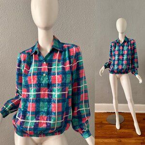 Vintage 80s Colorful Plaid DA-RUE Silky Long Sleeve Top Blouse M/L